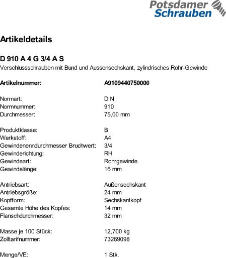 1 Verschlussschrauben DIN 910 A4 G 3/4 A V4A Edelstahl