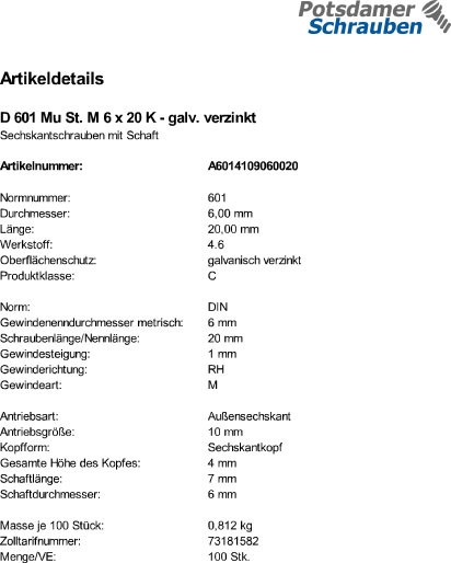 100 Sechskantschrauben + Mutter DIN 601 verzinkt M6x20