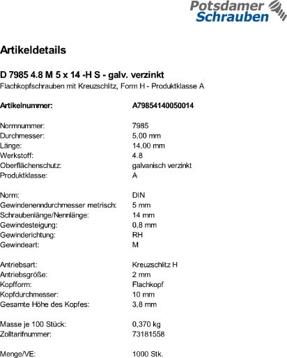 1000 Kreuzschlitz Linsenschrauben DIN 7985 4.8 verzinkt -H M5x14