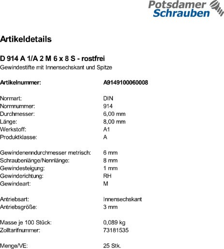 500 Edelstahl Inbus Gewindestifte DIN 914 A1 / A2 M6x8