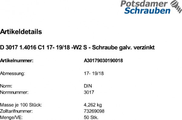 50 Schlauchschellen DIN 3017 1.4016 C1 17- 19/18 -W2 Schraube verzinkt