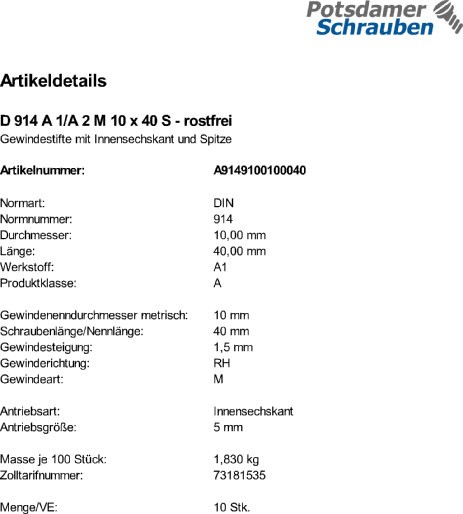 50 Edelstahl Inbus Gewindestifte DIN 914 A1 / A2 M10x40