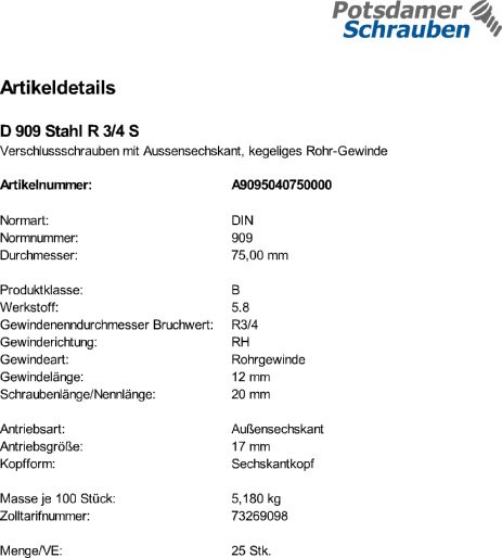 25 Verschlußschrauben DIN 909 Stahl R 3/4