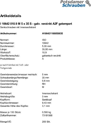200 Innensechskant Senkkopfschrauben eh. DIN 7991 10.9 verzinkt M5x35