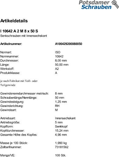 100 Edelstahl V2A Innensechskant Senkkopfschrauben ISO 10642 A2 M8x50