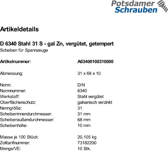 10 Scheiben DIN 6340 Stahl 31 , vergütet,