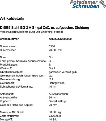 10 Verschlußschrauben DIN 5586 Stahl BG 2 A C, mit Dichtung C