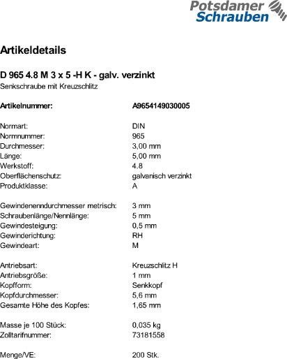 200 Kreuzschlitz Senkschrauben DIN 965 4.8 verzinkt -H M3x5