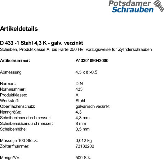 500 Scheiben DIN 433 -1 verzinkt 4,3