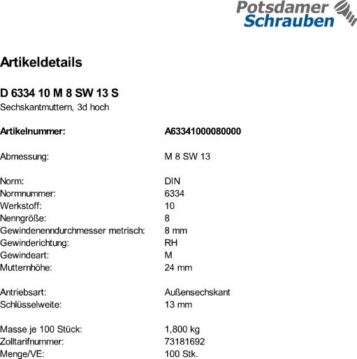 100 Sechskantmuttern DIN 6334 10 M8 SW 13 Stahl