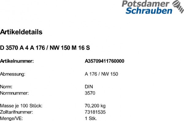 1 Rundstahlbügel DIN 3570 A4 A176 / NW 150 M16 V4A Edelstahl