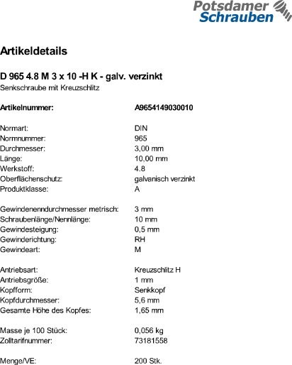 200 Kreuzschlitz Senkschrauben DIN 965 4.8 verzinkt -H M3x10
