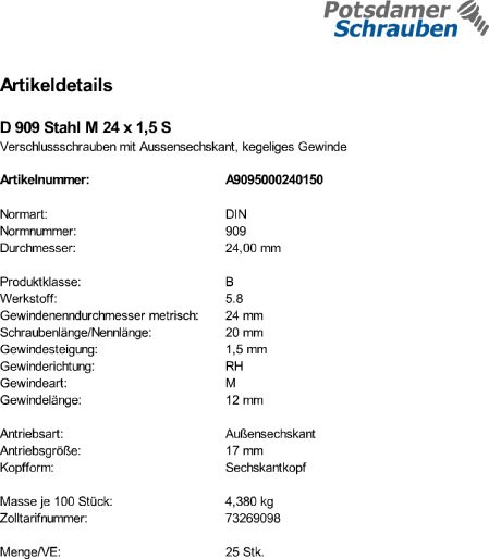 25 Verschlußschrauben DIN 909 Stahl M24x1,5