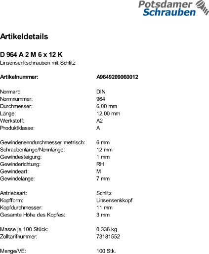 100 Edelstahl V2A Schlitz Linsensenkschrauben DIN 964 A2 M6x12