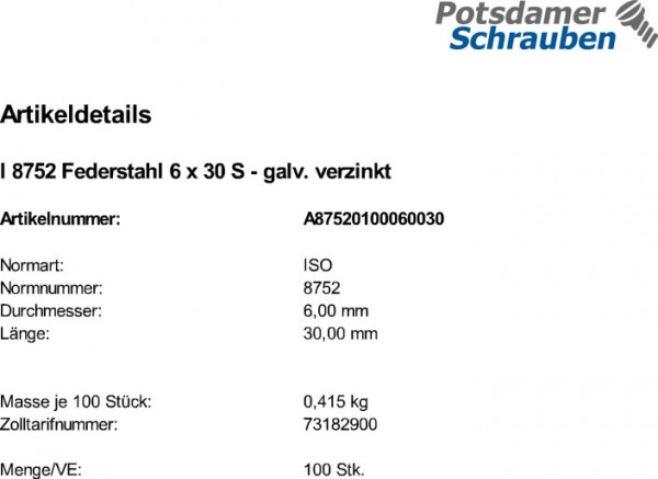 100 Spannstifte ISO 8752 Federstahl 6x30 verzinkt