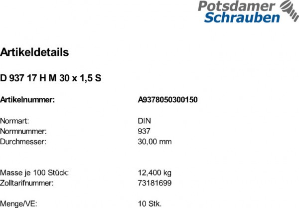 10 Kronenmuttern DIN 937 17H M30x1,5 Stahl