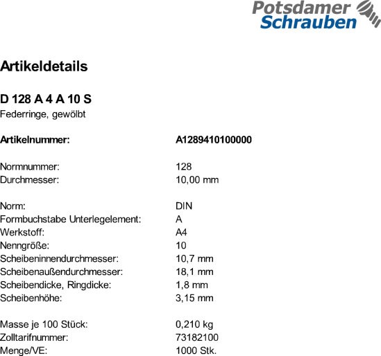 1000 Edelstahl V4A Federringe DIN 128 A4 A 10