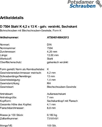 100 Sechskant Bohrschrauben DIN 7504 verzinkt K 4,2x13