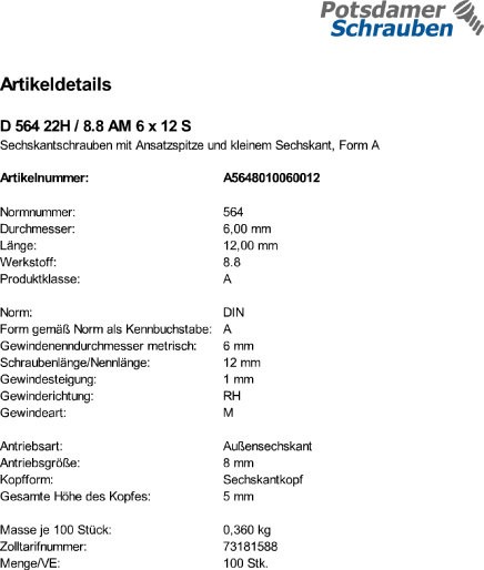 100 Sechskantschrauben DIN 564 22H / 8.8 Stahl AM6x12