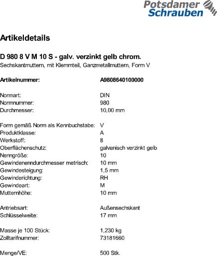 500 Sechskantmuttern DIN 980 8 V M10 verzinkt gelb chrom. C Stahl