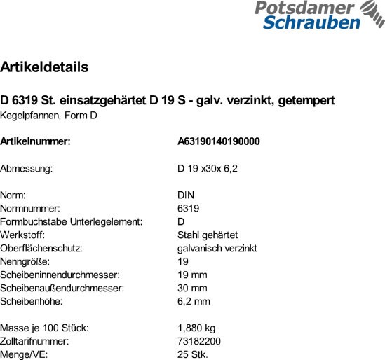 25 Kegelpfannen DIN 6319 St. einsatzgehärtet D 19 verzinkt,