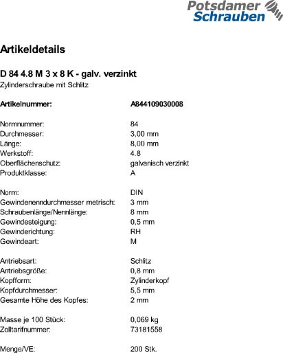 200 Schlitz Zylinderschrauben DIN 84 4.8 verzinkt M3x8