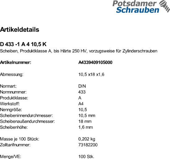 100 Edelstahl V4A Scheiben DIN 433 -1 A4 10,5