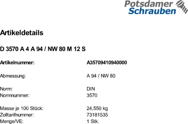 1 Rundstahlbügel DIN 3570 A4 A 94 / NW 80 M12 V4A Edelstahl