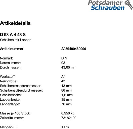 1 Edelstahl V4A Scheiben mit Lappen DIN 93 A4 43
