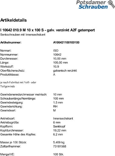 100 Innensechskant Senkkopfschrauben eh. DIN 7991 10.9 verzinkt M10x100