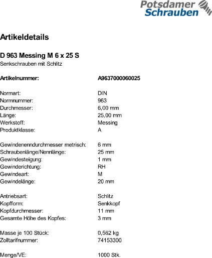 1000 Schlitz Senkschrauben DIN 963 Messing M6x25