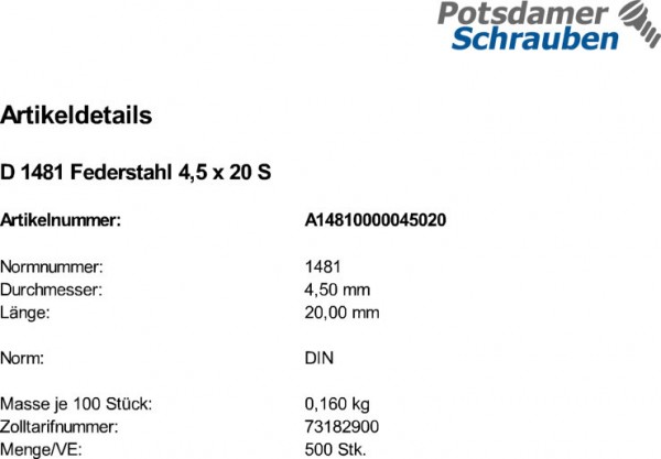 500 Spannstifte DIN 1481 Federstahl 4,5x20