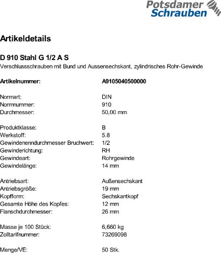 50 Verschlussschrauben DIN 910 Stahl G 1/2 A