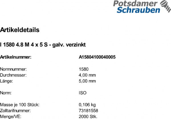 2000 Flachkopfschrauben ISO 1580 4.8 M4x5 verzinkt Stahl
