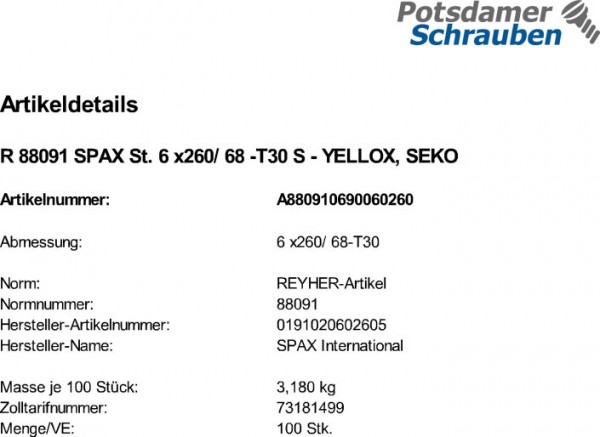 100 SPAX Senkkopfschrauben gelb verzinkt TX 6 x260 /68 TORX