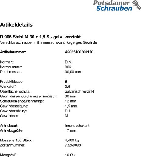 10 Verschlußschrauben DIN 906 Stahl M30x1,5 verzinkt