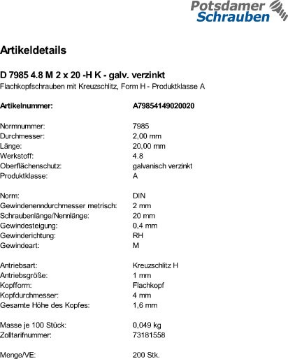 200 Kreuzschlitz Linsenschrauben DIN 7985 4.8 verzinkt -H M2x20