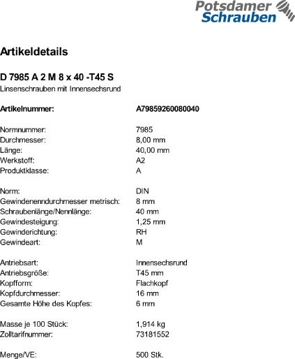 500 Edelstahl V2A Linsenkopfschrauben DIN 7985 A2 TX M8x40 TX 45