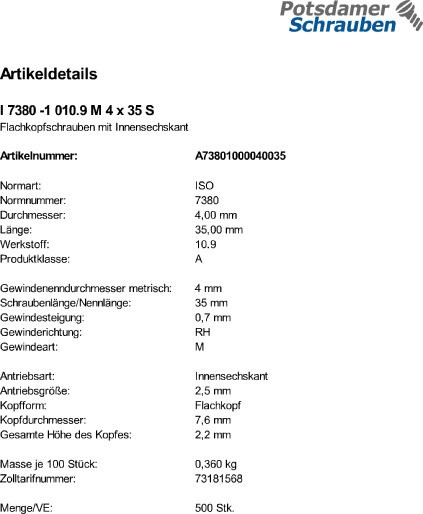 500 Innensechskant Linsenkopfschrauben ISO 7380 -1 10.9 schwarz M4x35