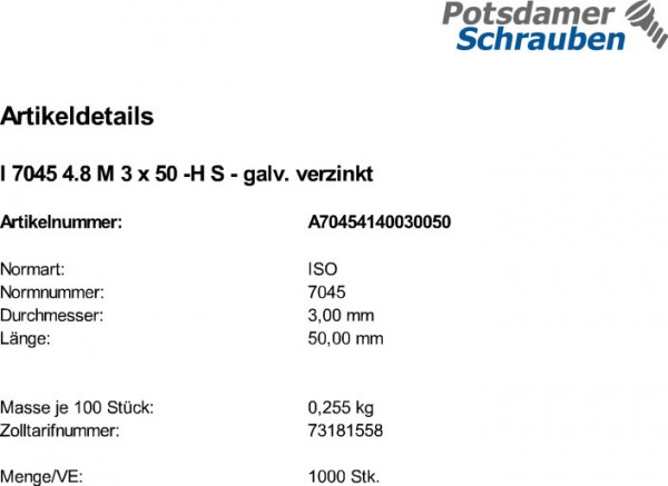 1000 Krz. Linsenkopfschrauben ISO 7045 4.8 -H verzinkt M3x50
