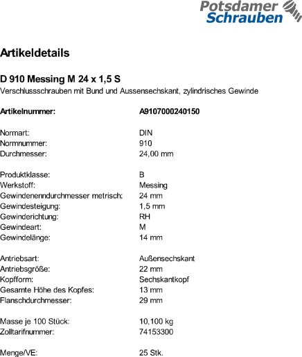 25 Verschlussschrauben DIN 910 Messing M24x1,5 Ms