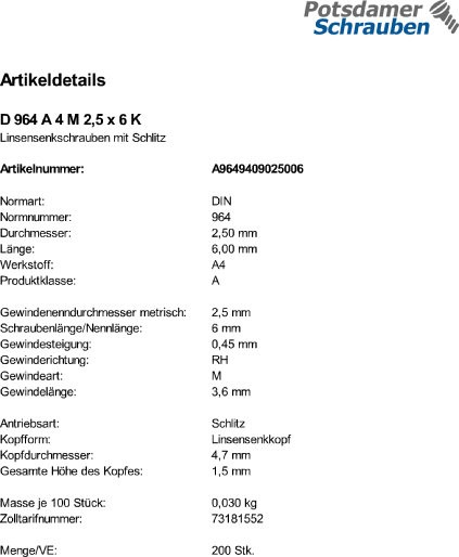 200 Edelstahl V4A Schlitz Linsensenkschrauben DIN 964 A4 M2,5x6