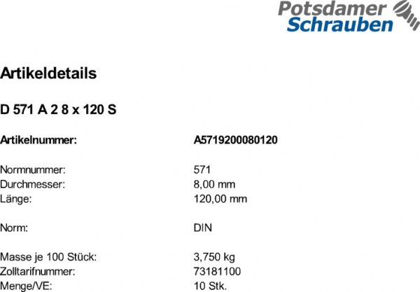 10 Edelstahl V2A Sechskant Holzschrauben DIN 571 A2 8x120