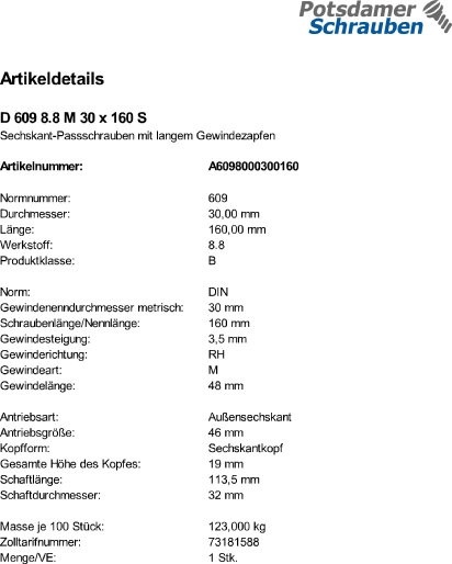 1 Sechskant Paßschrauben DIN 609 8.8 M30x160 Stahl