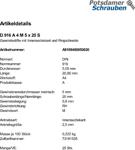 500 Edelstahl Inbus Gewindestifte DIN 916 A4 M5x20