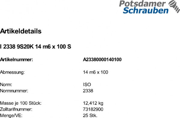 25 Zylinderstifte ISO 2338 Stahl 9S20K 14 m6 x 100