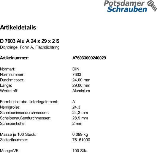 100 Aluminium Dichtringe DIN 7603 Form A 24x29x2