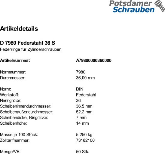 50 Federringe DIN 7980 Federstahl 36