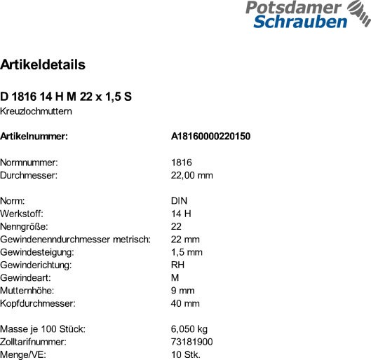 10 Kreuzlochmuttern DIN 1816 14 H M22x1,5 Stahl