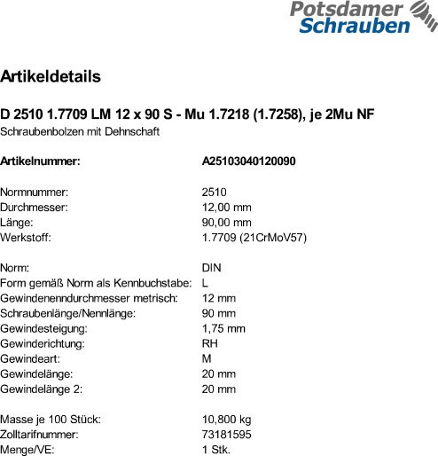 1 Schraubenbolzen DIN 2510 1.7709 LM12x90 Mu 1.7218 (1.7258), je 2Mu NF